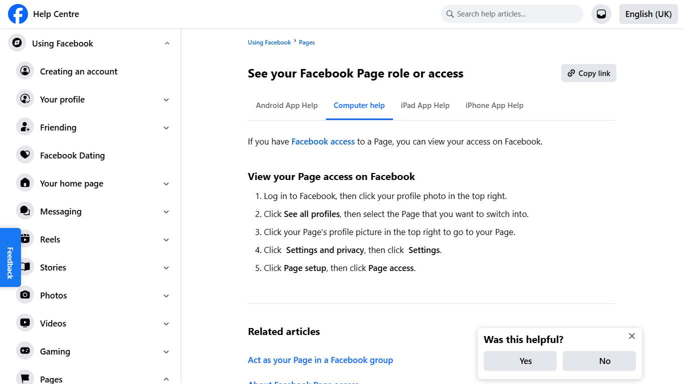 See your Facebook Page role or access | Facebook Help Centre