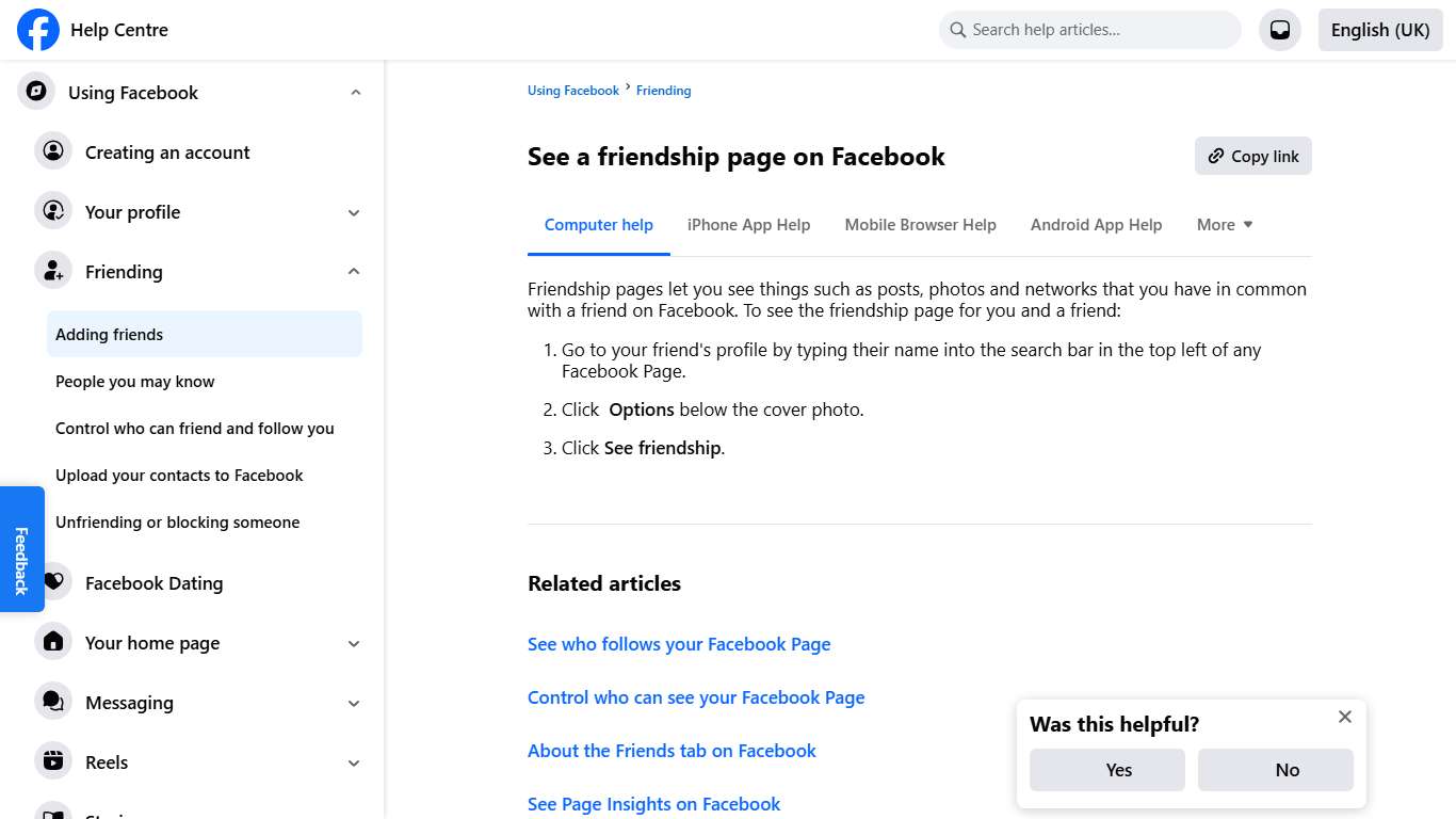 See a friendship page on Facebook | Facebook Help Centre